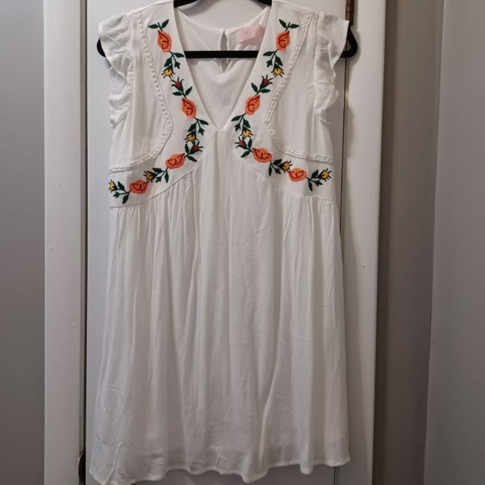 Pink Lily, Dress, White Embroidered, Small Size